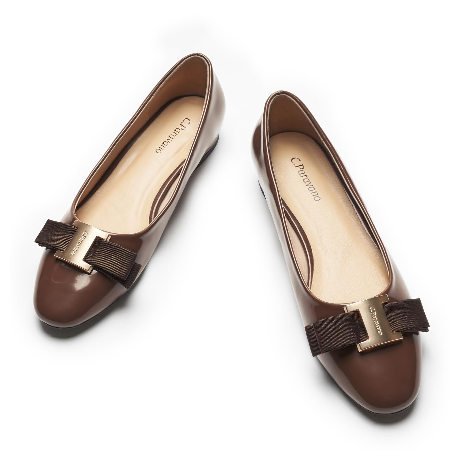C.Paravano Women's Ballet Flats with Bowknot Round Toe Low Block Heel Shoes for Office, Dressy Casual Coffee 8.5