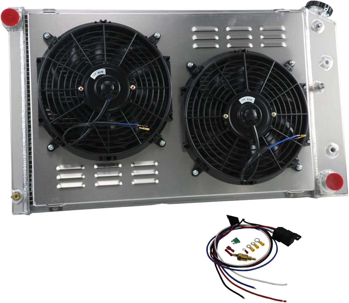 ECMRAD Replacement for 1978-1987 El Camino Monte Carlo Regal G Body Aluminum Radiator+Shroud+12'' Electric Fans with Thermostat Relay Wiring harness