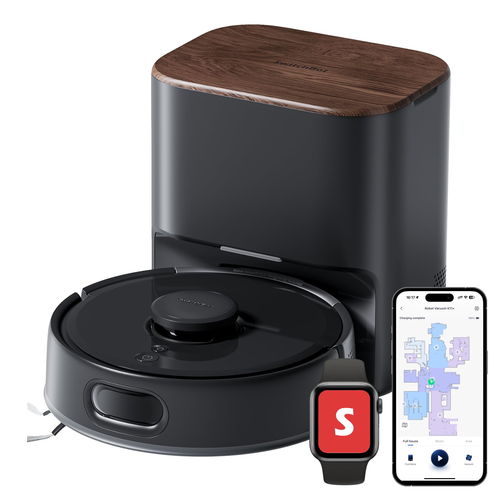 SwitchBot K11+ Robot Vacuum & Mop with Matter, 6000Pa Suction, 90-Day Hands-Free Self-Emptying, LDS Navigation, 3.6? Ultra-Slim, Anti-Tangle for Pet Hair, Works with Alexa, Google Home, Apple Home ( Slightly Used)