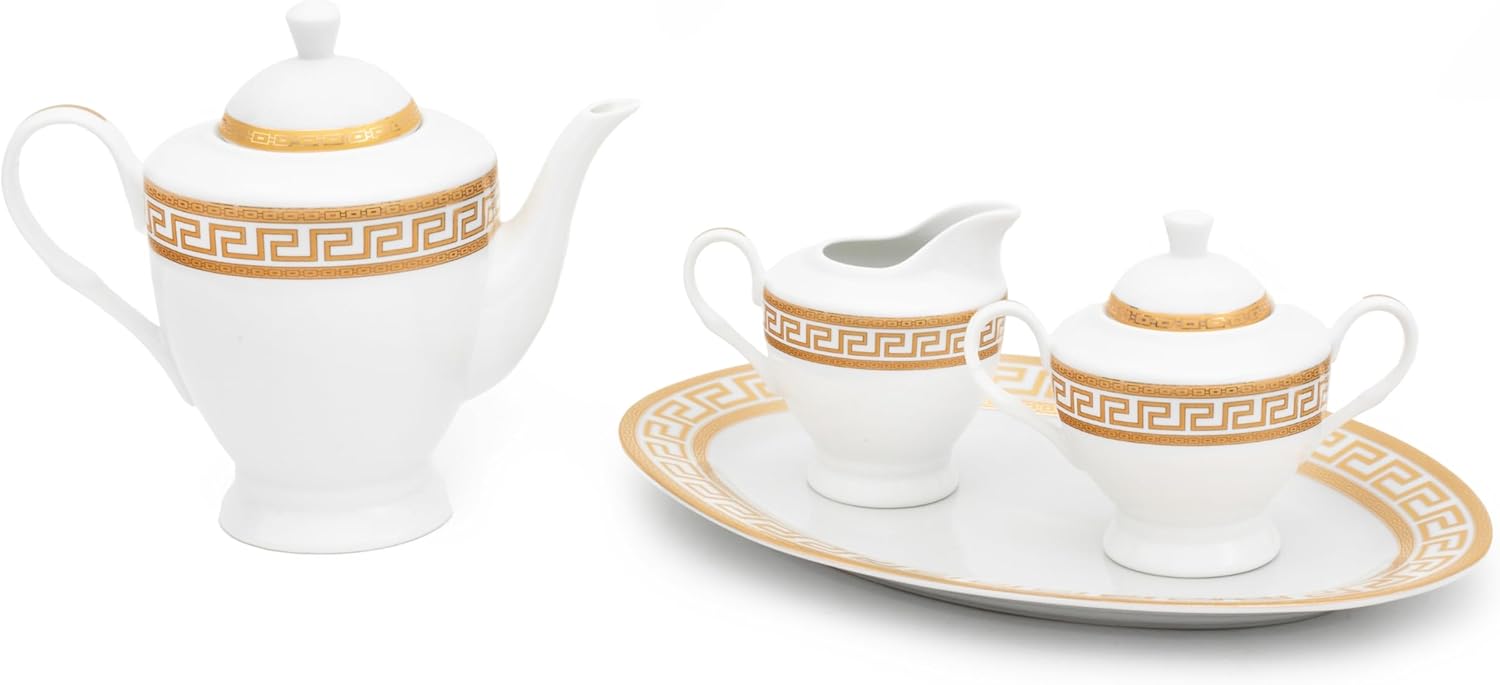 Dinnerware Set in Gold and White Fine Porcelain for Every Day or Formal Occasions, Tableware Setting 57 Pieces Service for 8