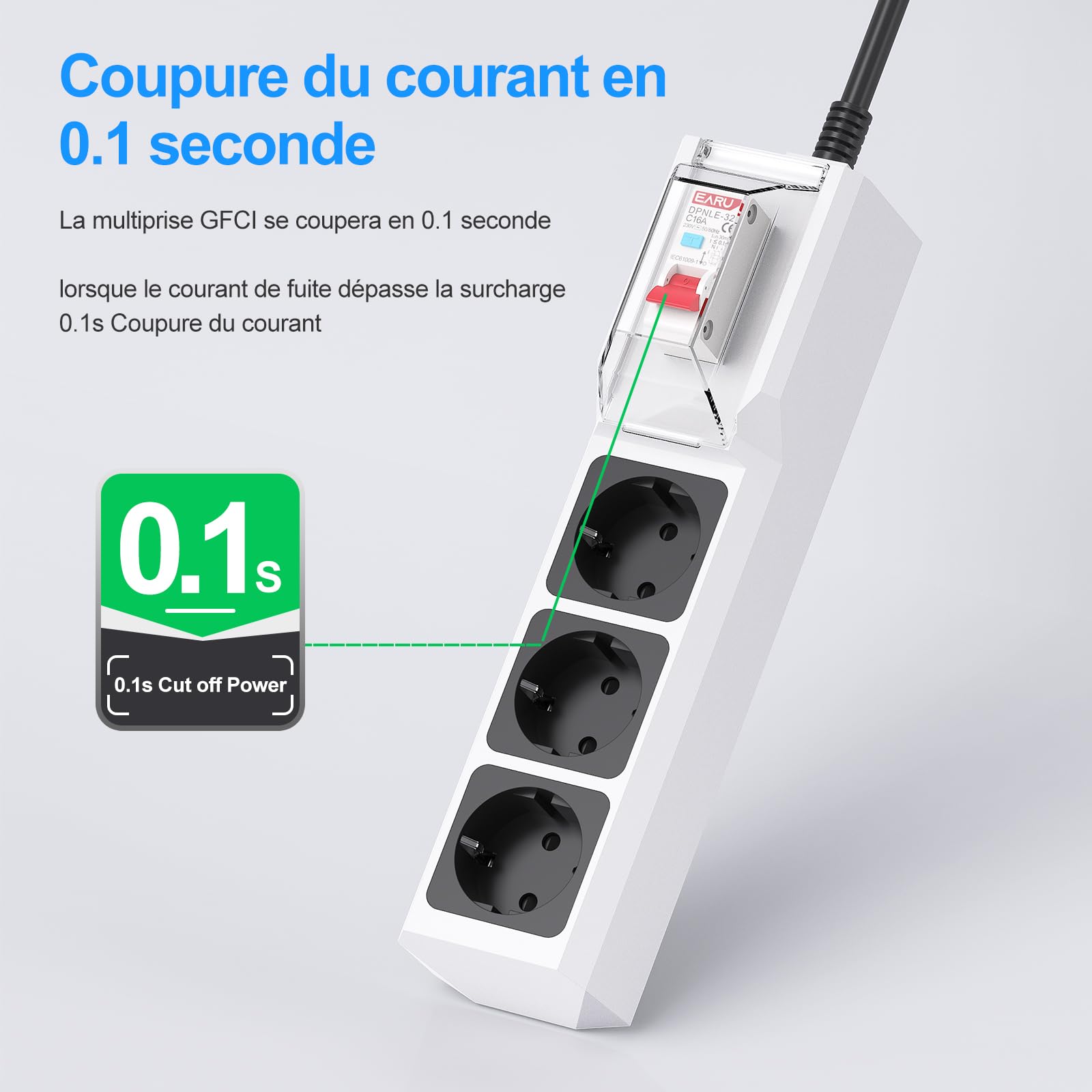 BEVA RCD Multiprise disjoncteur différentiel 30mA, 3680W/16A,Câble 3M