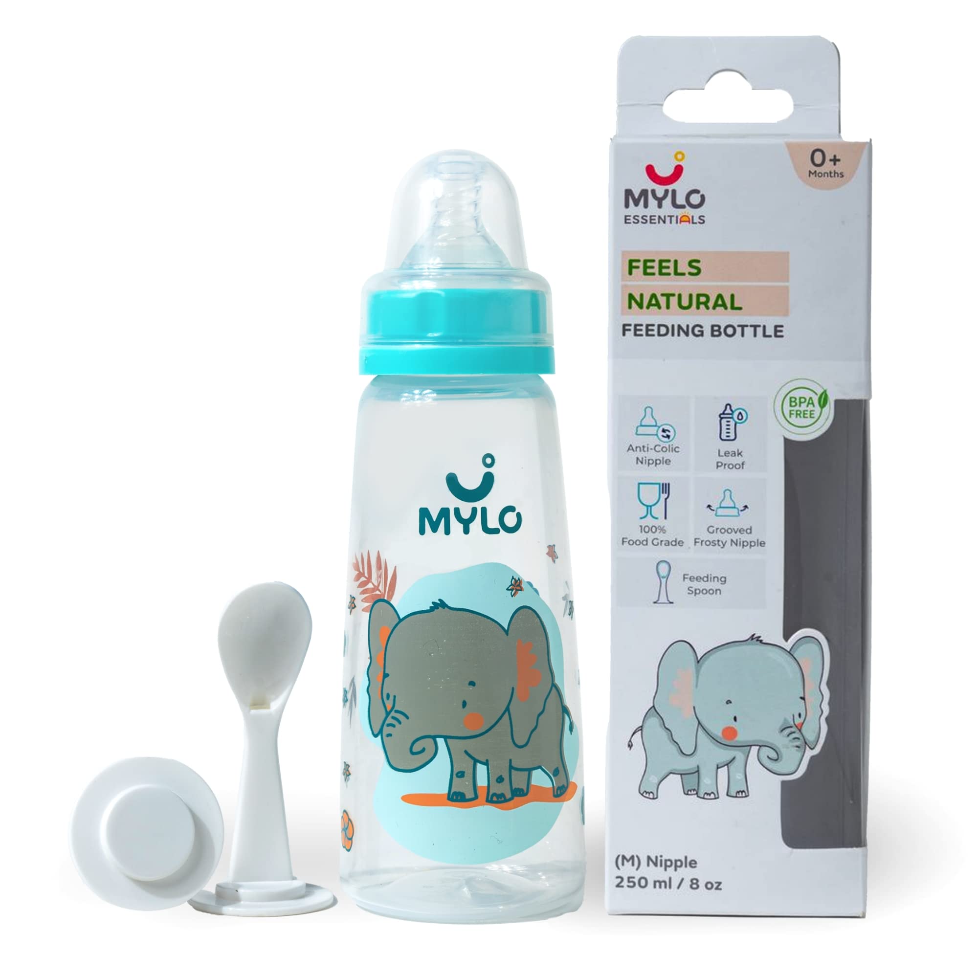 Mylo Baby 2 in 1 Feeding Bottle with Spoon (250 ml) for New Born Baby | Anti Colic & BPA Free Feeding Bottles | Feels Natural Baby Bottle | Easy Flow Neck Design- Blue Elephant-picture-32