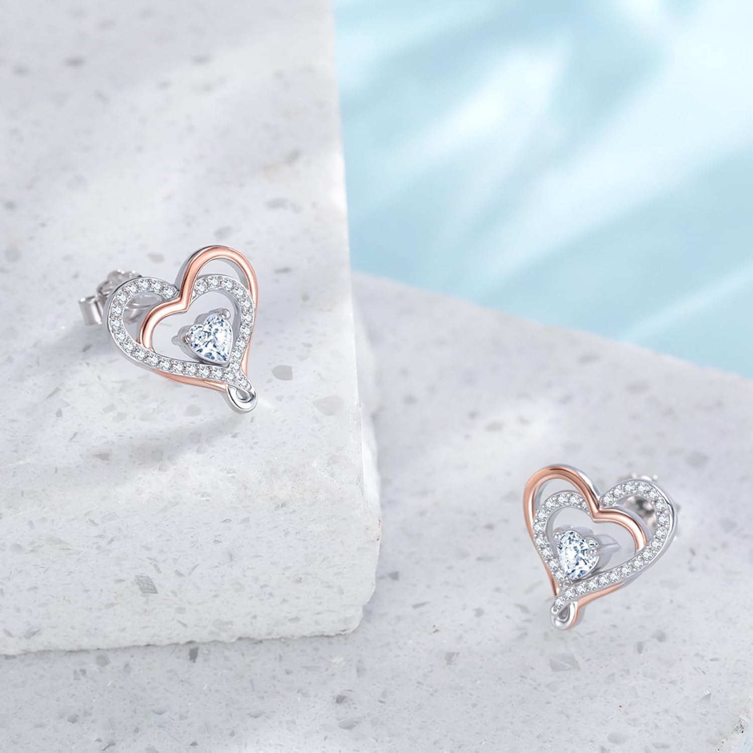 MEDWISE 925 Sterling Silver Heart Stud Earrings Birthstone Rose Gold-Plated Two Tone with Cubic Zirconia Hypoallergenic Jewelry Perfect for Women Wife Girlfriend Bridal Weddings Birthday Gifts