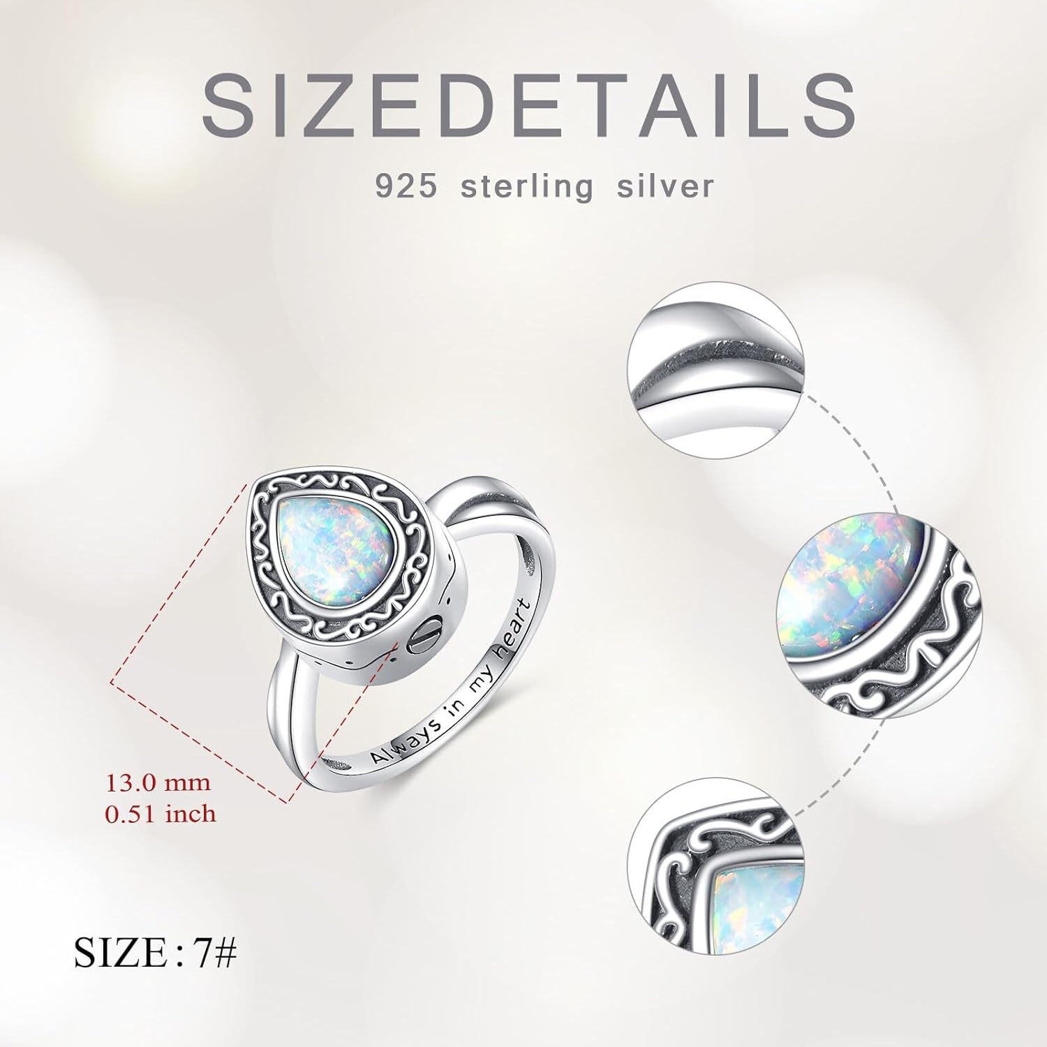 Teardrop Cremation Ring for Ashes 925 Sterling Silver Opal Urn Keepsake Rings Always in My Heart Memorial Jewelry for Women - Image 3