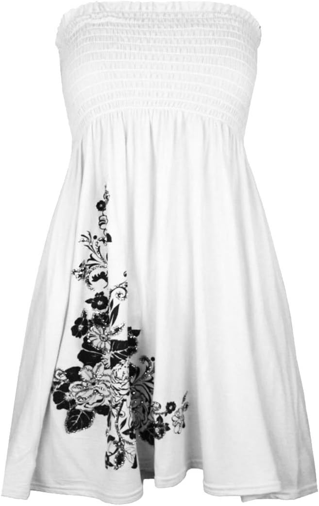 asfashion onlineWomens Floral Mini Dress Ladies Sheering Bandeau Boobtube Strapless Top 8-14 (UK 16, White)