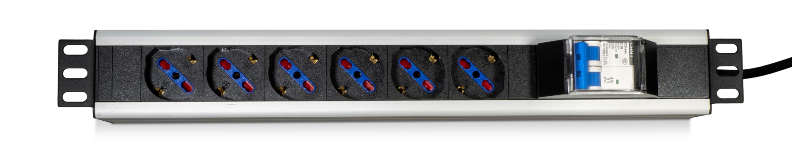 "Mach Power Multipresa Rack 19" 6 Posti con Interruttore, Prese Schuko/Italiane 16A, Magnetotermico, Cavo 1.6m, 3.5kW, Inclinazione 45?, Montaggio Laterale, Alluminio Nero (MP-PDU3606)"
