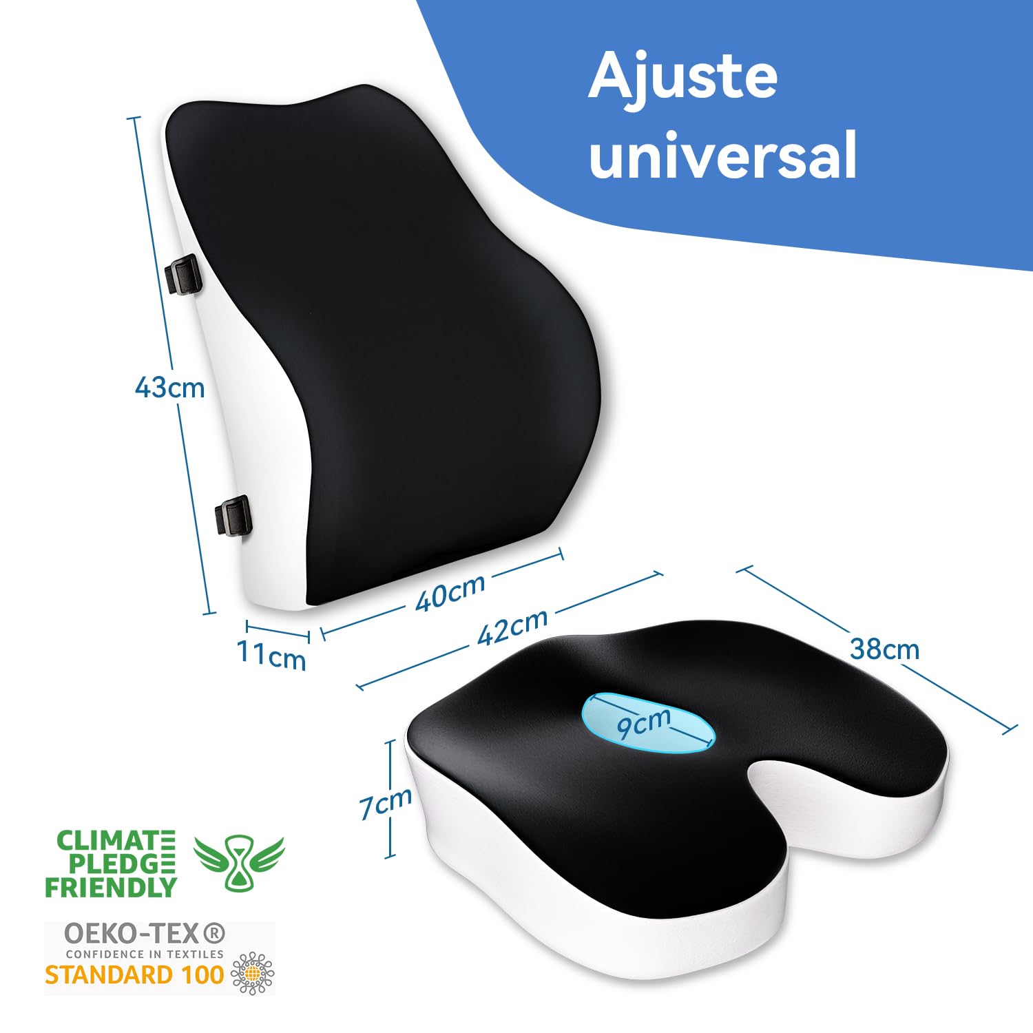 Travel Ease Set de Cojín de Asiento y Almohada Lumbar de Espuma Viscoelástica, Confort Ergonómico para Silla de Oficina, Coche, Uso Doméstico y Viajes, Soporte para Espalda y Glúteos, Negro
