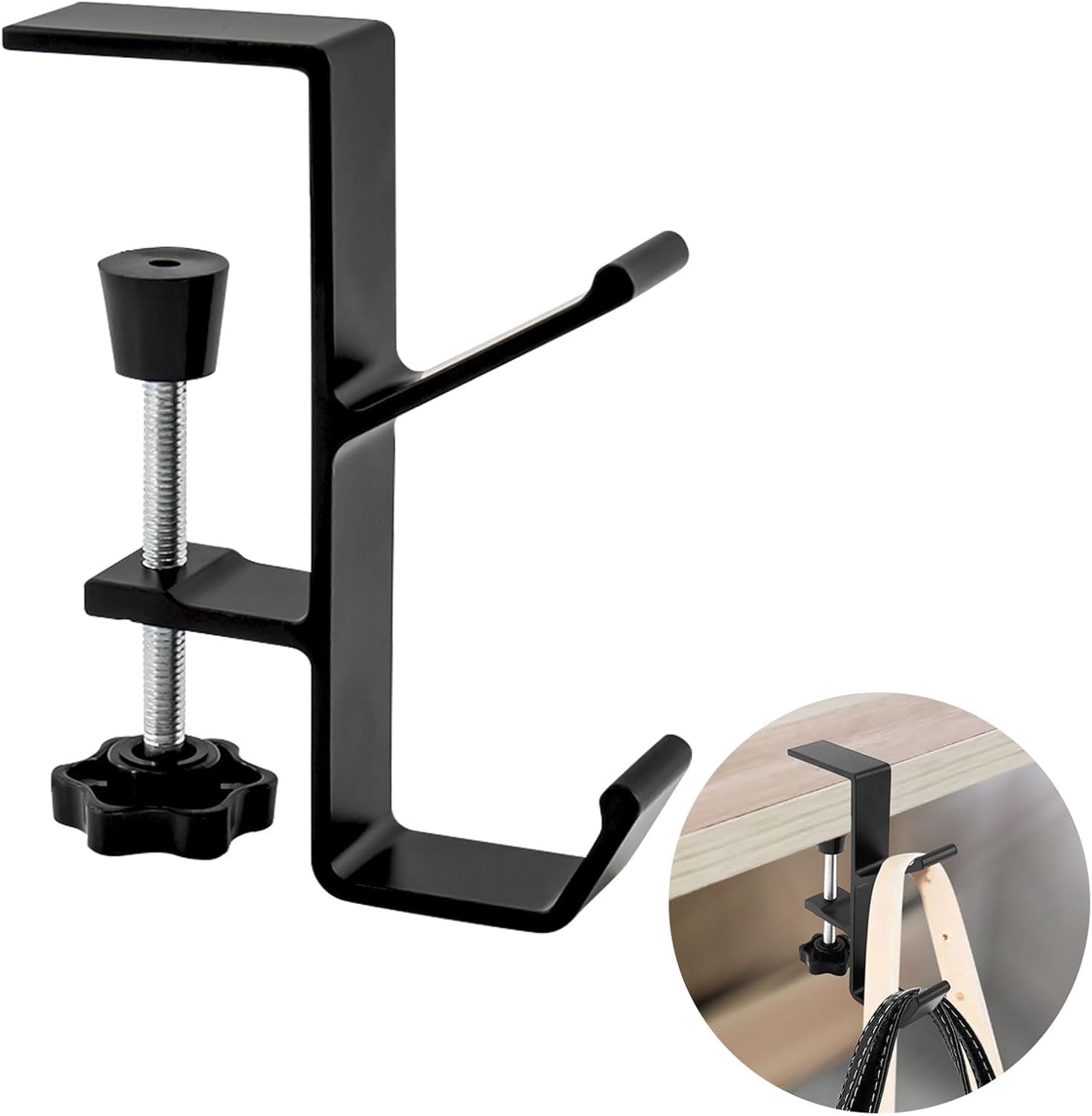 Dual Under Desk Headphone Hook Clamp Mount, Adjustable Aluminum Headset Hanger with Screw Clamp for Desk/Table, Space-Saving Headphone Stand Holder (Black, 1 Pcs)