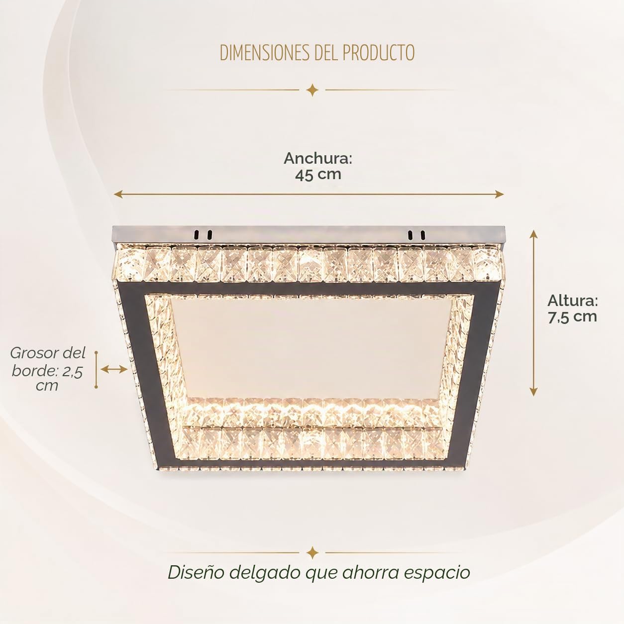Finktonglan Plafón LED de cristal K9 cuadrado 45×45 cm, 2×28 W regulable 3000–6500 K con mando/APP, semiempotrado de perfil bajo en acero inoxidable para salón, dormitorio y comedor