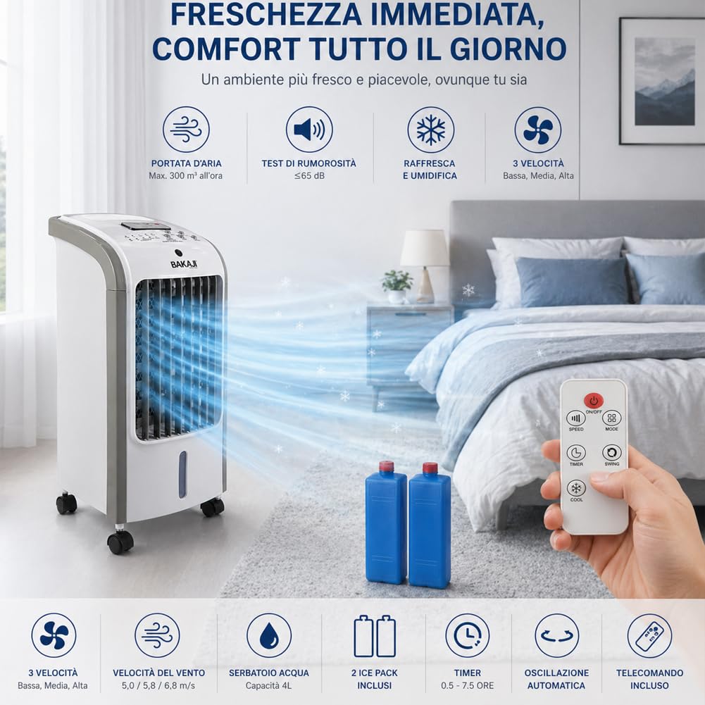 BAKAJI Raffrescatore ad Aria Fredda con 2 Blocchi Refrigeranti e Telecomando per Controllo da Distanza, Serbatoio 4 Litri, Air Cooler Silenzioso, Oscillazione Automatica 60°, 25 x 26.5 x 57 cm