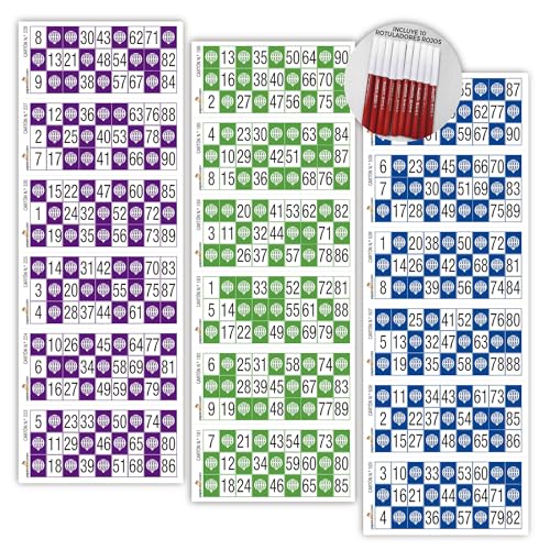 Paperafero | 1800 Cartones Bingo de 90 Bolas en Verde, Azul y Burdeos + 10 Rotuladores Rojos | Bingo Cartones : Asociaciones, Eventos, Fiestas, Residencias, Actividades, etc | Cartones de Bingo