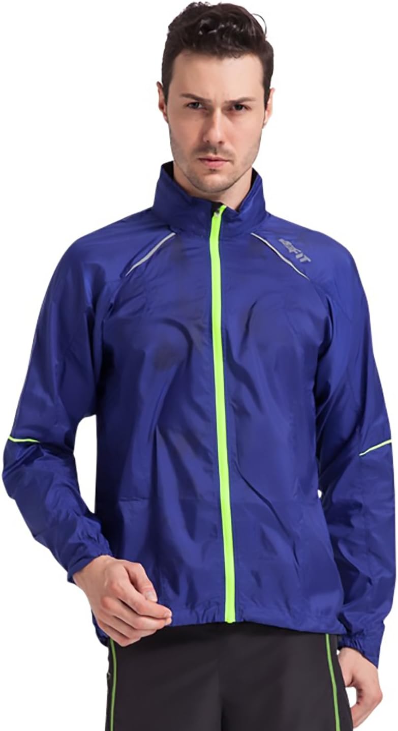 Mens Wind Resistant Water Repellent Ultra Light Activewear Running Jacket with Light Reflective Material and Internal Earphone Loops (Royal Blue - Size XL)