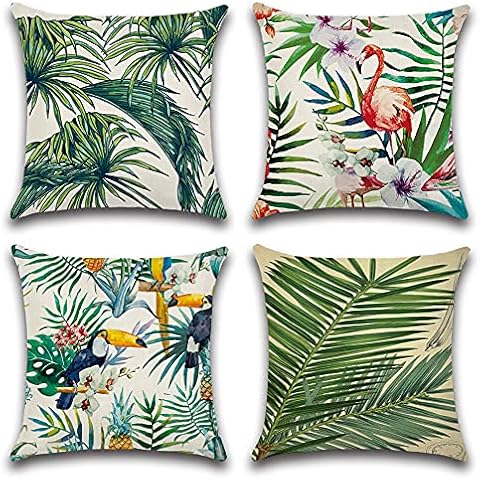 JOTOM wasserdichte Kissenbezüge Dekorativ Wasserfest Kissenhülle Sofa Deko Kissen Kissenbezug für Sofa Zimmer Balkon Terrasse Patio Garten Outdoor Außen (Flamingo und Tropische Pflanzen) Cover
