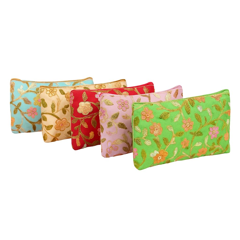 ArtTails Embroidery Pouch Set – 2 Zipper Chain Multipurpose Bags for Women, 9x5 inch, Golden & Multicolor, Pack of 6 | Travel Makeup, Shagun, Jewellery & Return Gift Pouches