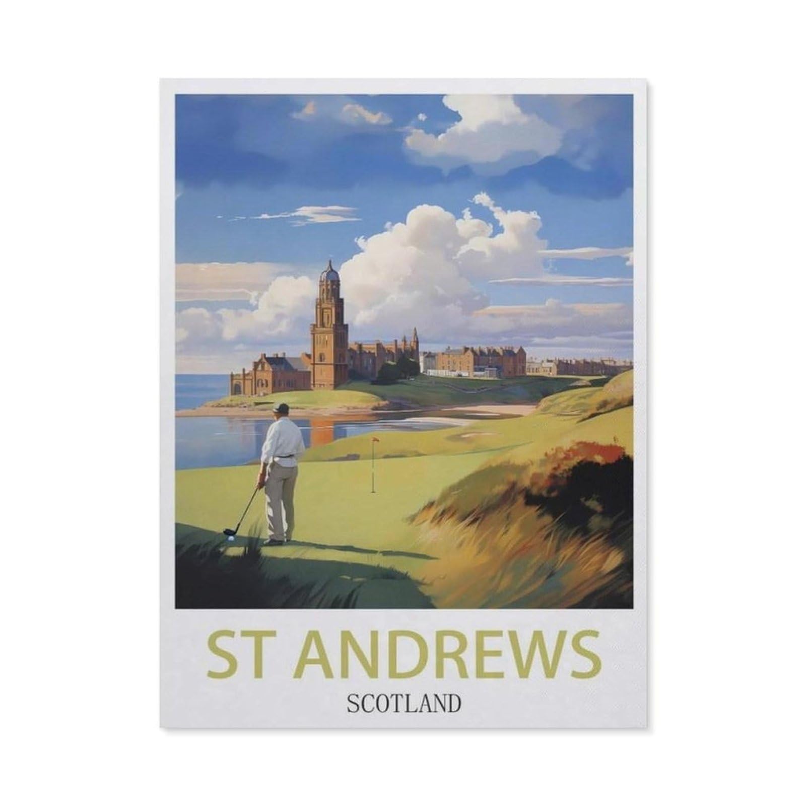 Paint by Numbers，St Andrews Scotland Vintage Travel Posters Golf，Landscape Kit for Adults Beginner DIY Oil Painting(40x50cm) 15.7x19.6 inches-DF65