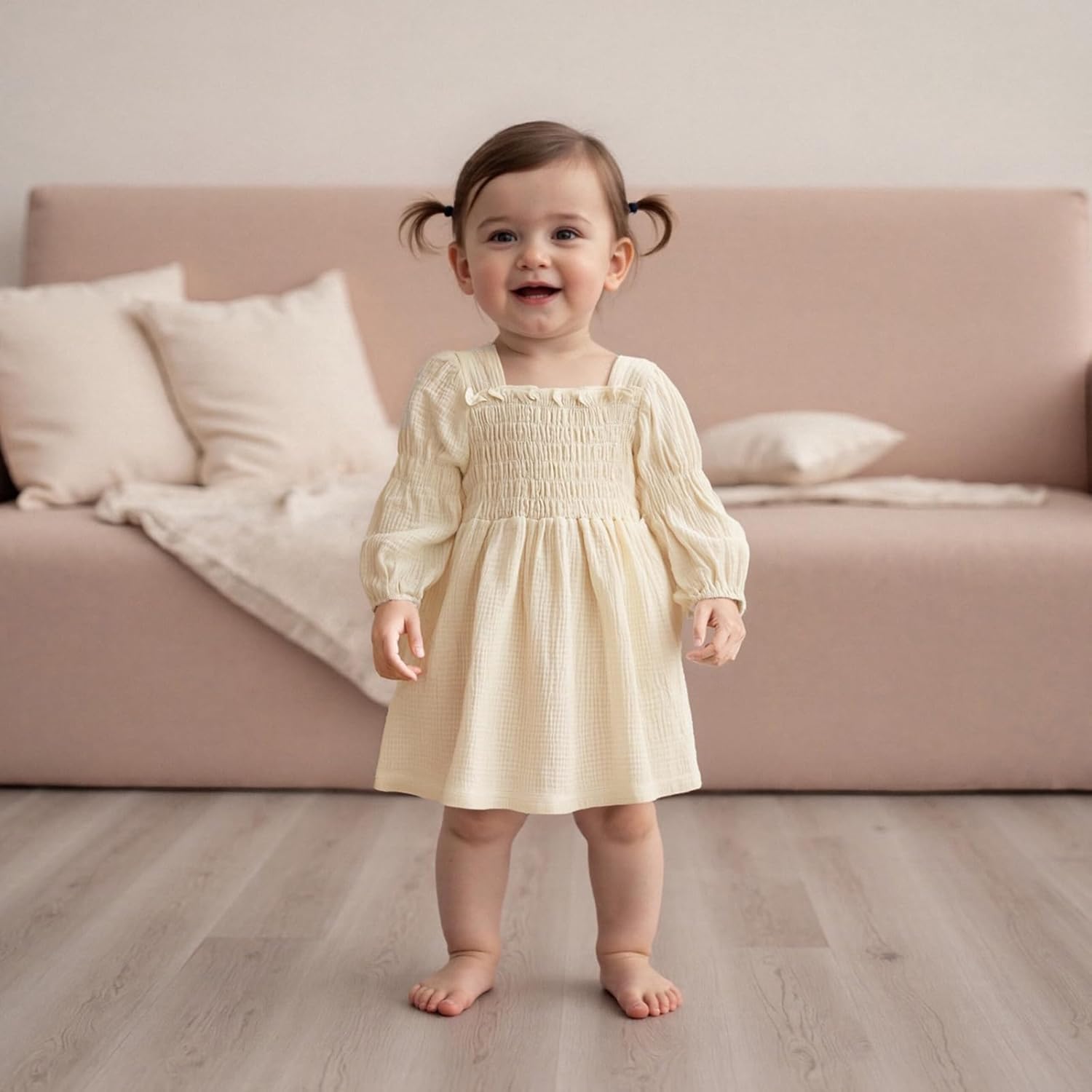 Toddler Girl Smocked Dress Lantern Long Sleeve Solid Color Casual A Line Little Girl Dresses Fall Winter Clothes - Image 6