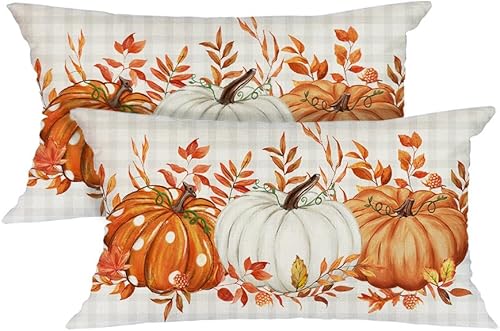 AACORS Juego de 2 fundas de almohada de otoño de 12 x 20 pulgadas, diseño de calabaza y hojas de arce de búfalo, decoración de otoño, Acción de