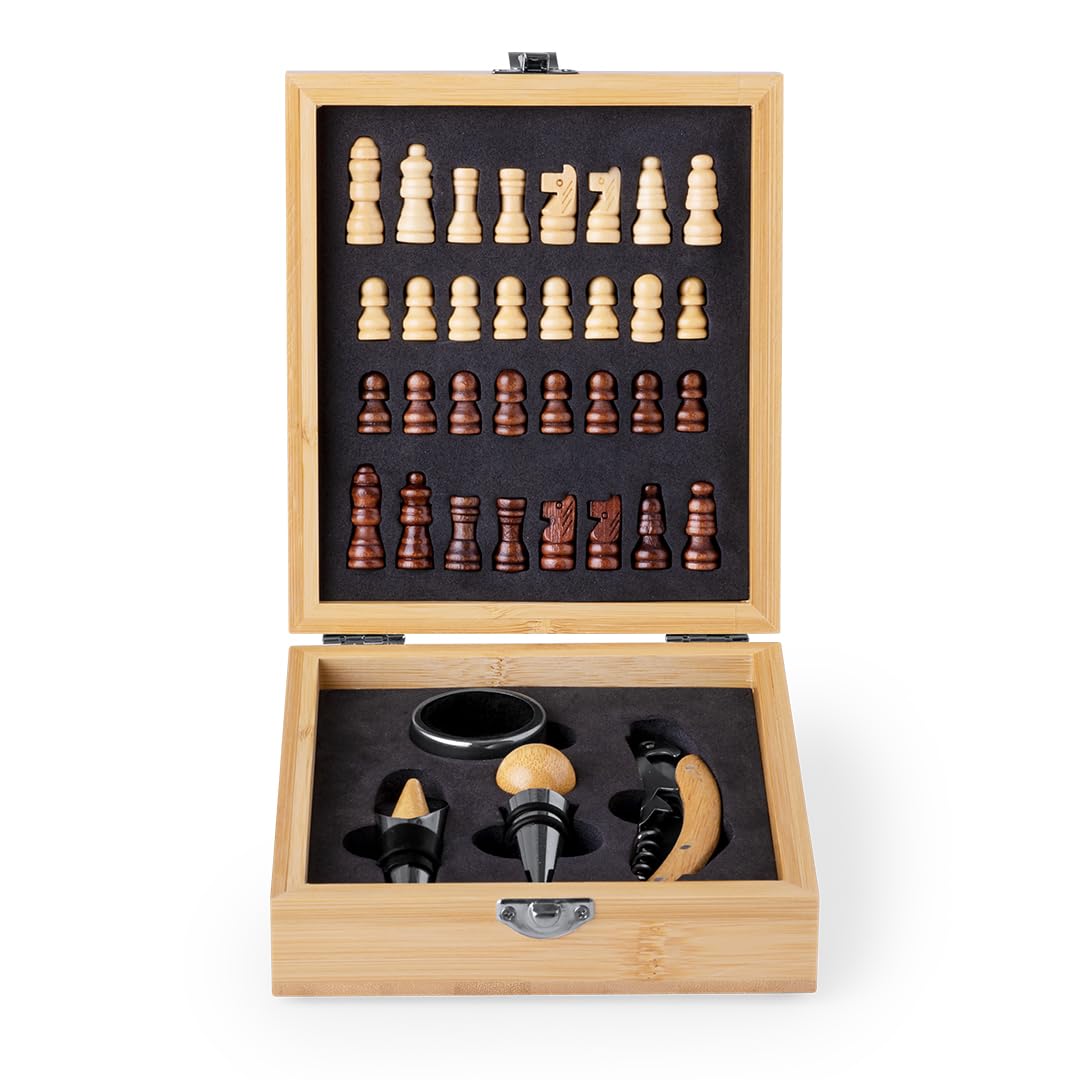 Set Regalo Vino e Scacchi in bambù, Scatola Elegante con Accessori (Cavatappi, Versatore, Tappo, Taglia Capsule), Idea Regalo Originale per Amanti del Vino