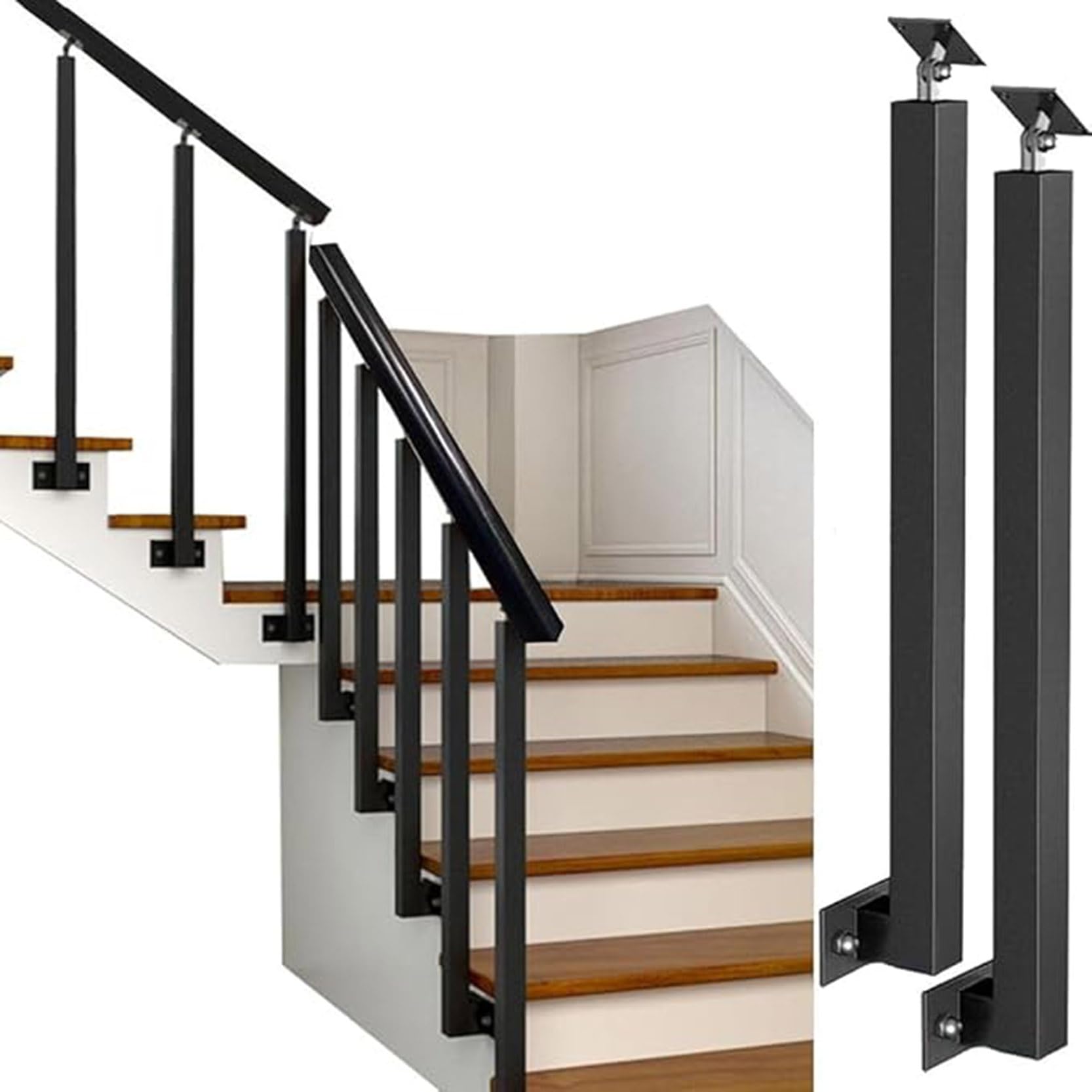 GLDYTVF 2 Pack Iron Square Stair Baluster Posts,Side Mount Metal Spindles,270° Adjustable Banister Column with Flat Bracket Base,Stair Handrail for Stair,Porch,Deck,Steps(Size:95cm/37.4in)