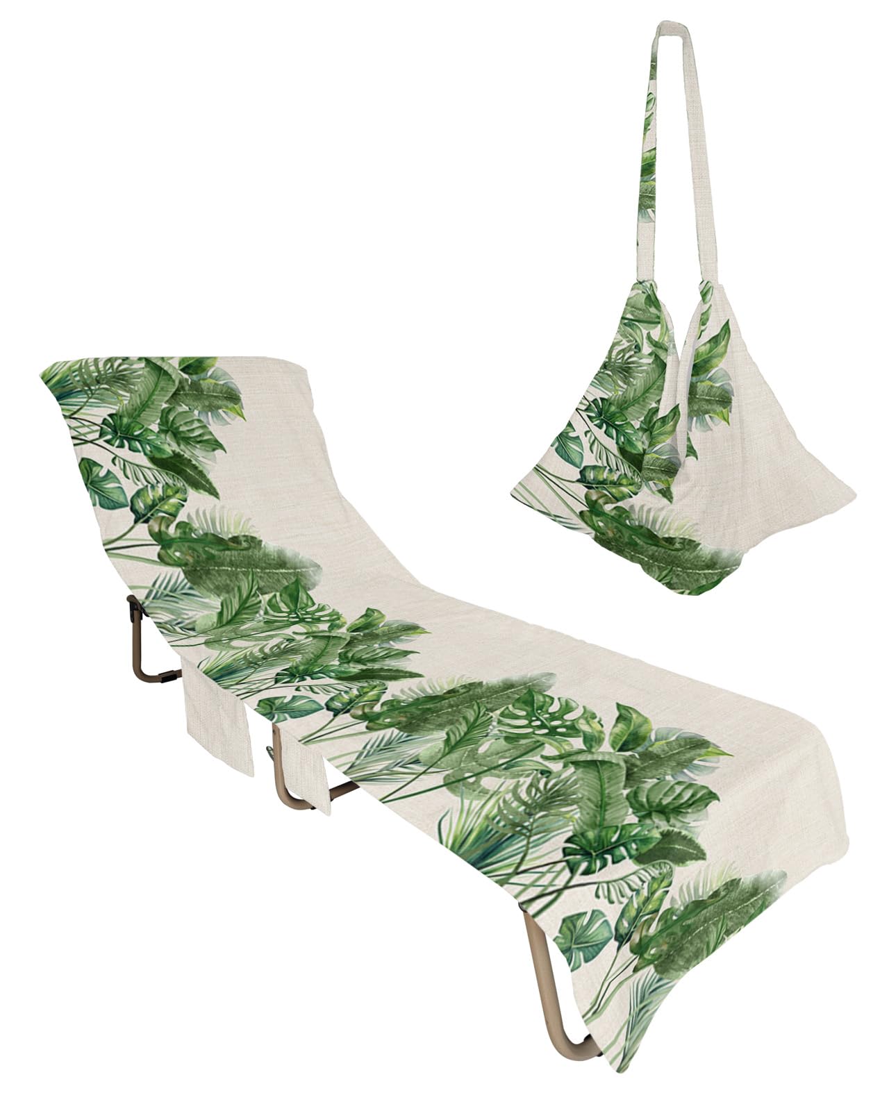 Green Palm Leaves Botanical Beach Lounge Chair Towel Cover, Soft Chaise Lounge Towel with Side Pockets Patio Pool Chairs Cover for Beach/Pool Sunbathing 29x85 Summer Tropical Plants Rustic
