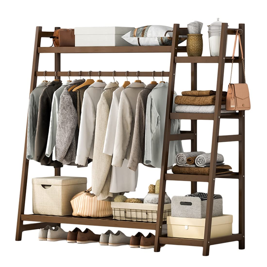 Porte-manteau en bois de bambou avec 4 étagères de rangement pour vêtements 90x42x140cm