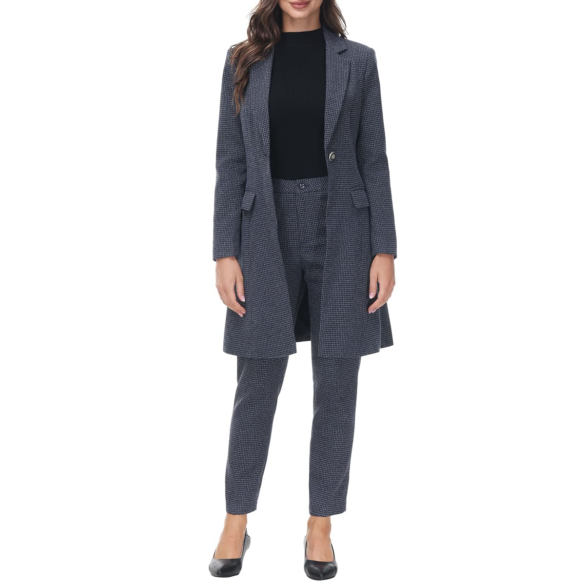 MODFUL Womens 2 Piece Long Blazer with Pants Set Small Plaid Elegant Suit Set for Casual Business Office