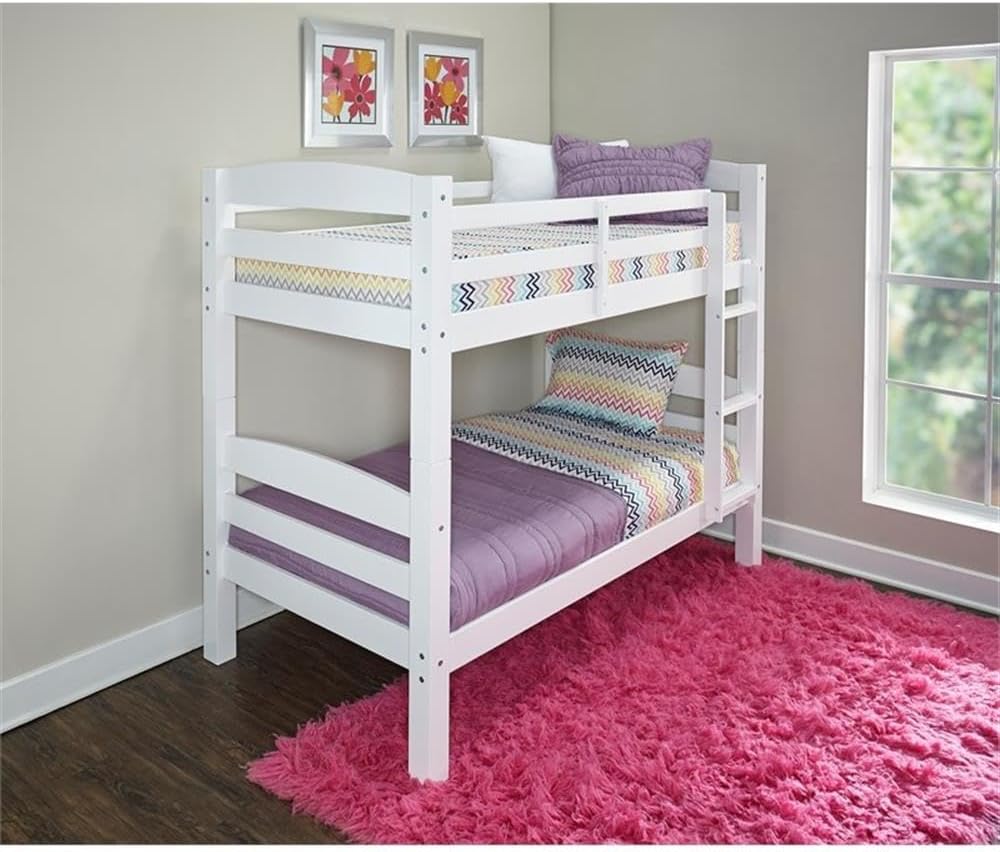BOWERY HILL Twin Over Twin Solid Wood Bunk Bed, 80.5" W x 43.5" D x 67.5" H, Semi Gloss White Finish, Detachable Design, Built-in Ladder, Curved Slat Detail, Kids Bedroom Furniture