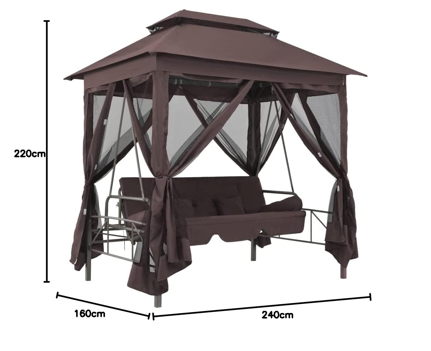KOIECETA Pabellón balancín convertible para jardín, con función de cama, columpio para jardín, color marrón café