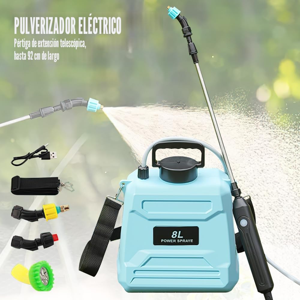 Pulverizador eléctrico de 5 l/8 l para jardín, con 3 boquillas ajustables, recargable por USB y mango telescópico, pulverizador a presión para riego deshierbe patio (5 L-verde)