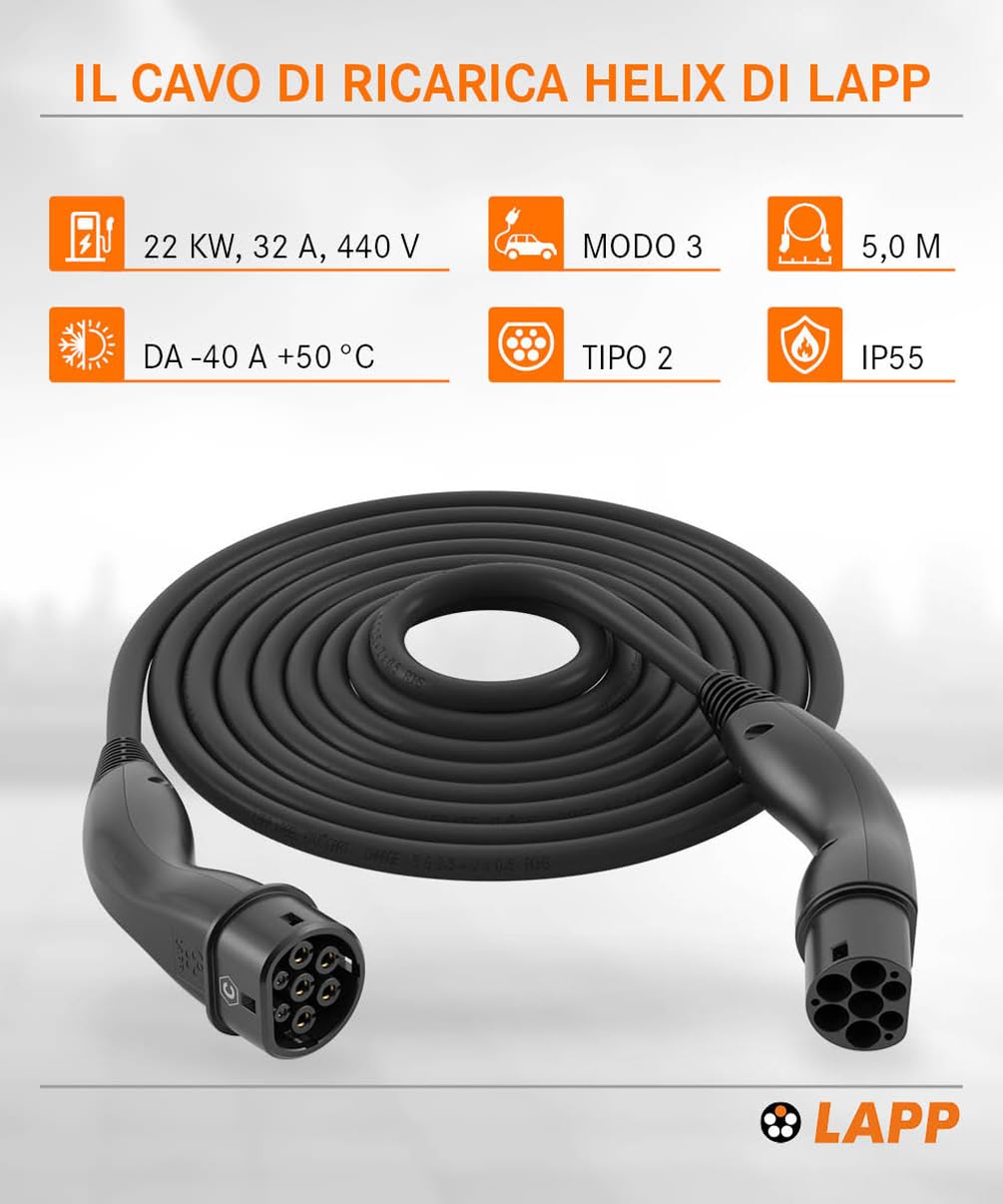 Lapp Mobility Helix - Cavo di Ricarica Tipo 2, 22 KW/autoavvolgente, 32 A, 3 Fasi, per Auto elettrica, modalità 3/5 m