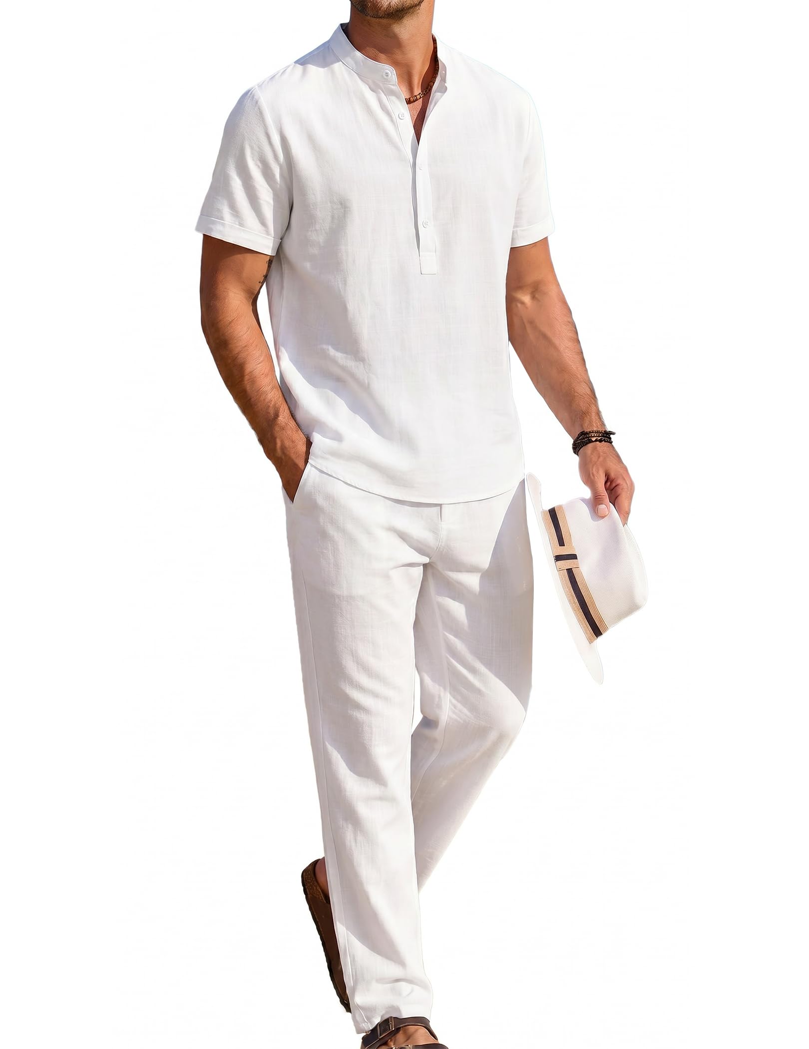 Mens 2 Pieces Cotton Linen Sets Short Sleeve Casual Henley Shirt Summer Beach Pants Lounge Vacation Outfits Set-image-40