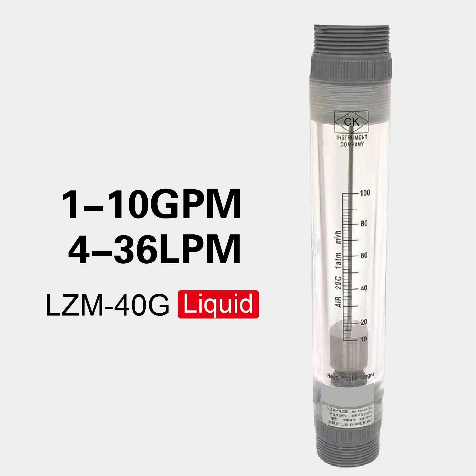 Medidor de Flujo rotámetro LZM-40G, medidor de Flujo de tubería acrílica for Agua Pura, Gas líquido, Industrial, mecánico Ajustable(1-10GPM 4-36LPM)