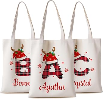 Christmas Tote Bag with Name and Initial, Personalized Canvas Gift Bag for Women Men Kids