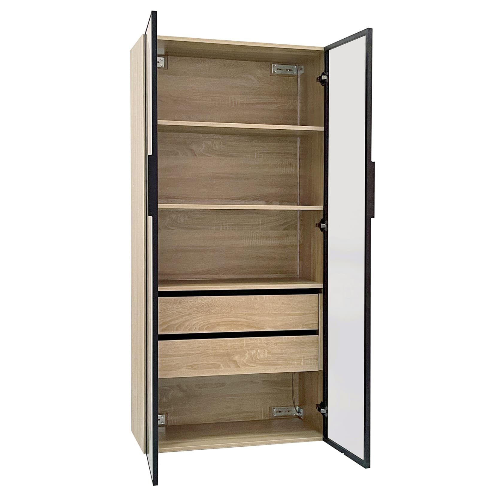 PUGSDRLY Meuble de Salle de Bain,Vitrine en Verre avec LED Réglables,2 Tiroirs,2 Portes Vitrées,Armoire Chambre,Meuble de Rangement,Buffet Cuisine,pour Salon,Chambre,74x36x155 (A)