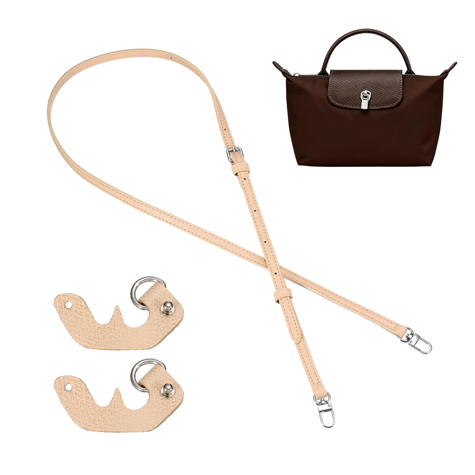 sourcing map Purse Straps Replacement, 0.4" Adjustable Leather Strap Crossbody Handbag Shoulder Strap Conversion Kit for Mini Pouch, Handcrafted Bag Accessories, (Light Brown, Silver Buckle)