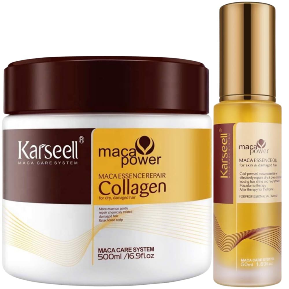 Karseell MACA CARE SYSTEM Maska Kolagenowa Serum Olejek Arganowy Włosy Suche Zniszczone Farbowane Puszące Nawilżenie Blask Regeneracja Wzmocnienie Do Wszystkich Rodzajów Włosów 500ml+50ml
