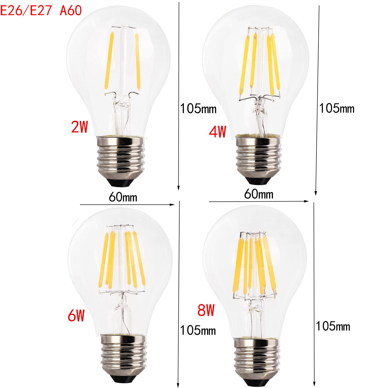 1fortunate Paquete de 20, lámpara de luz con filamento LED Retro AC220V E27/B22 2W/4W/6W/8W A60 bombilla Led Edison Vintage carcasa de vidrio transparente(Cold White,E27 4W)