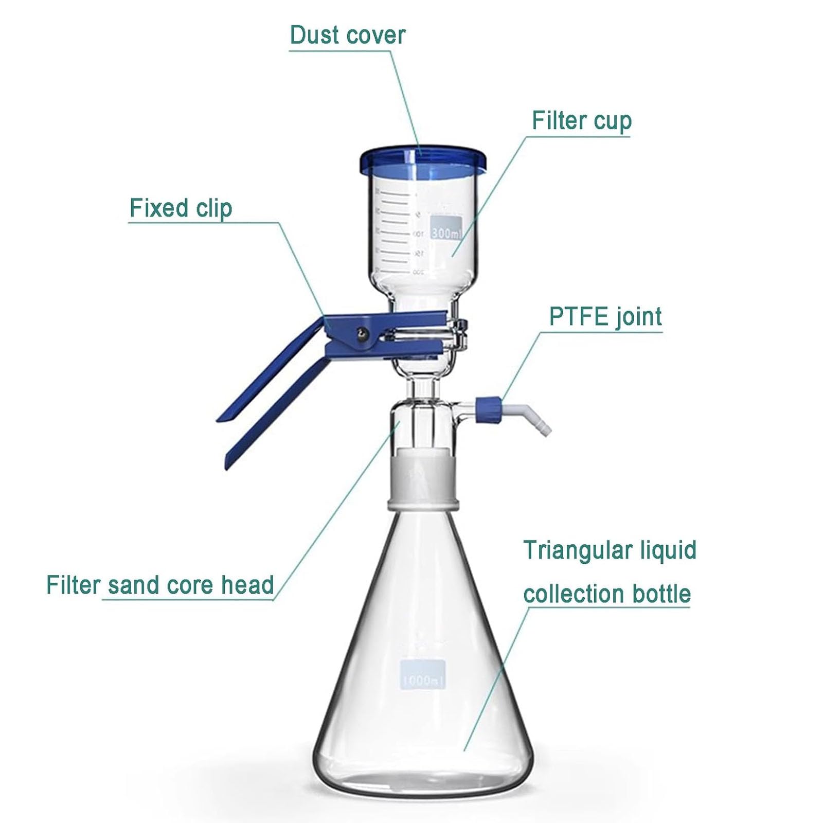 Aparato De Filtración Al Vacío De Laboratorio, Conjunto De Filtración Al Vacío De Vidrio De Borosilicato, con Botella De Filtro De 1000 Ml Y Embudo De 300 Ml, Cuello De Perno con Tubería