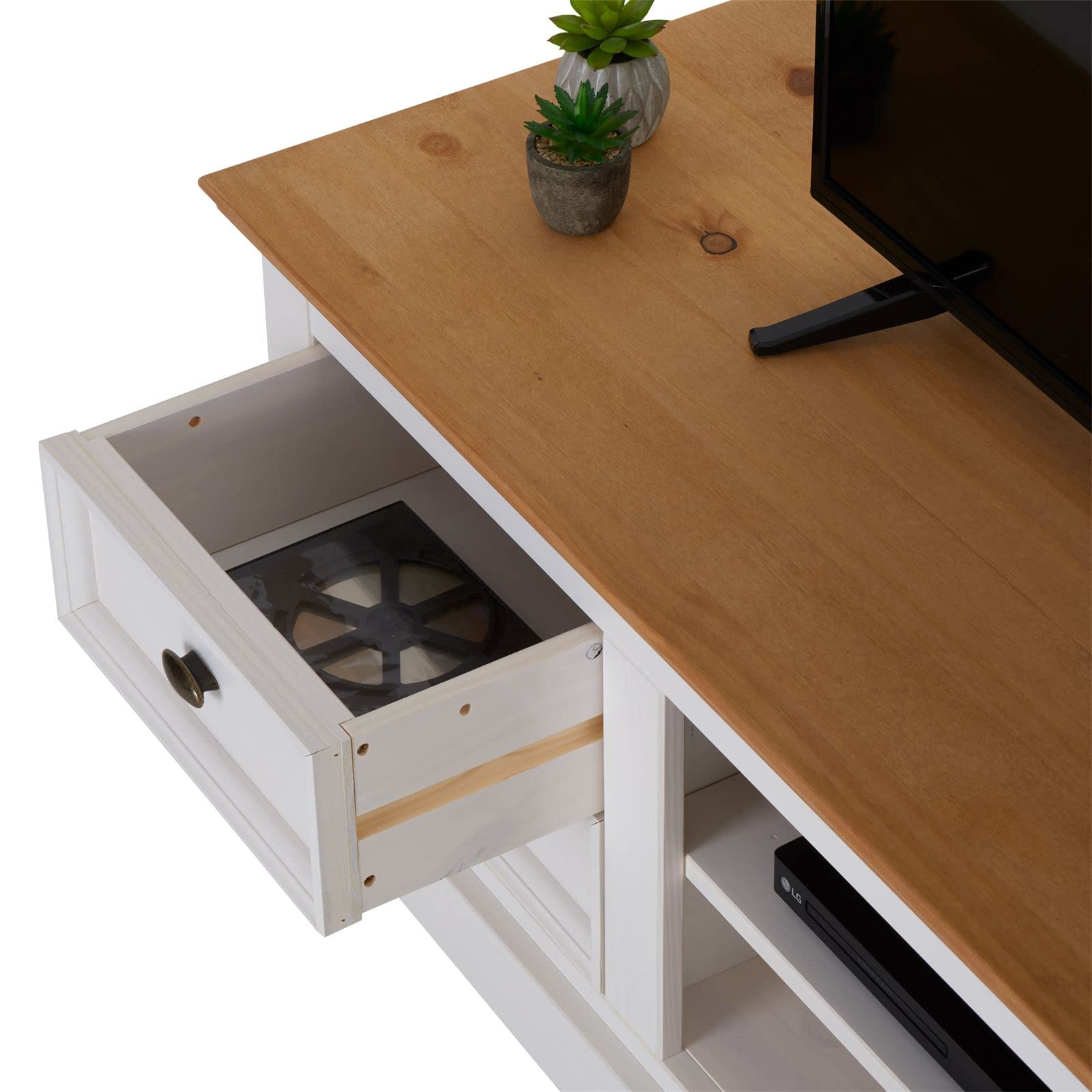 IDIMEX Lowboard Kent für 65" TV in weiß/Eiche Farben aus Massivholz, schöner Fernsehschrank, praktisches HiFi-Möbel mit 4 Schubladen, attraktives TV Sideboard mit Zwei Nischen