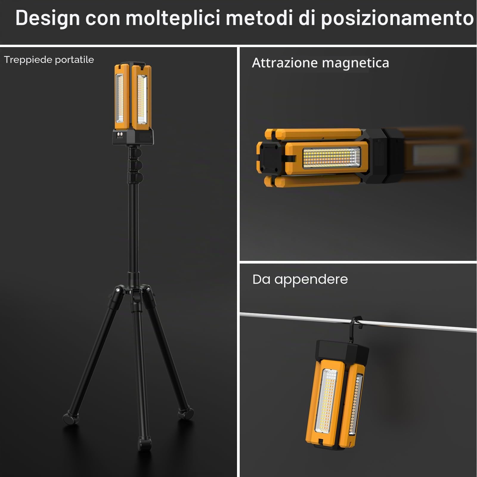 Faretto Led Solare Ricaricabile con Supporto e Borsa Per il Trasporto, Batteria 13200 mAh, 8000 Lumen, Dimmerabile Continuamente Luci da Lavoro, Bianco/Caldo/Bianco Naturale/Rosso (SOS)