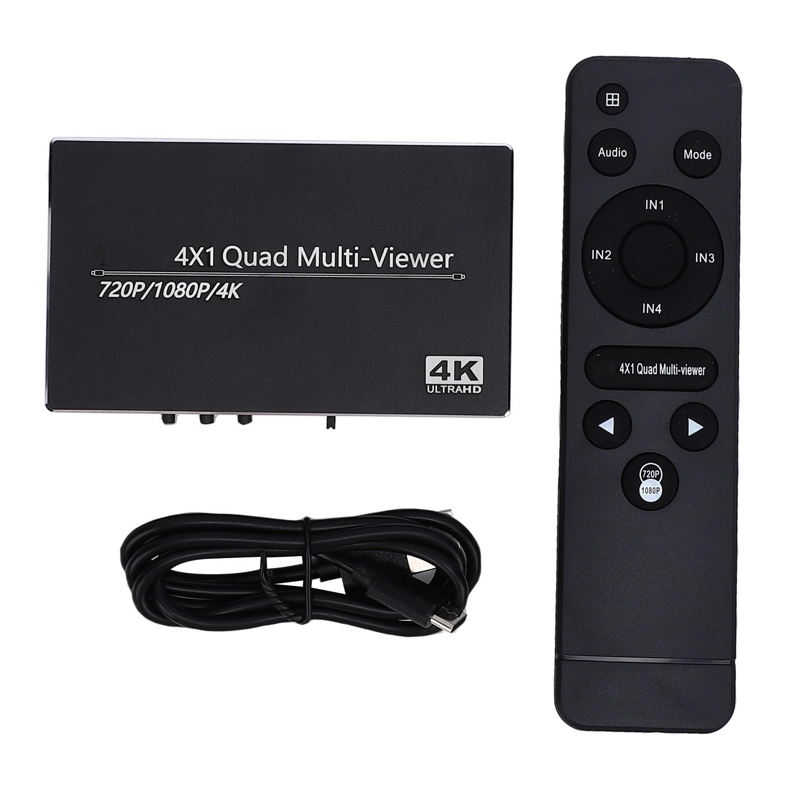 Multiviewer HDMI, commutatore di visualizzazione a quattro schermi 4 in 1, switcher senza interruzioni, supporta 4K 30Hz con telecomando e cavo di alimentazione.