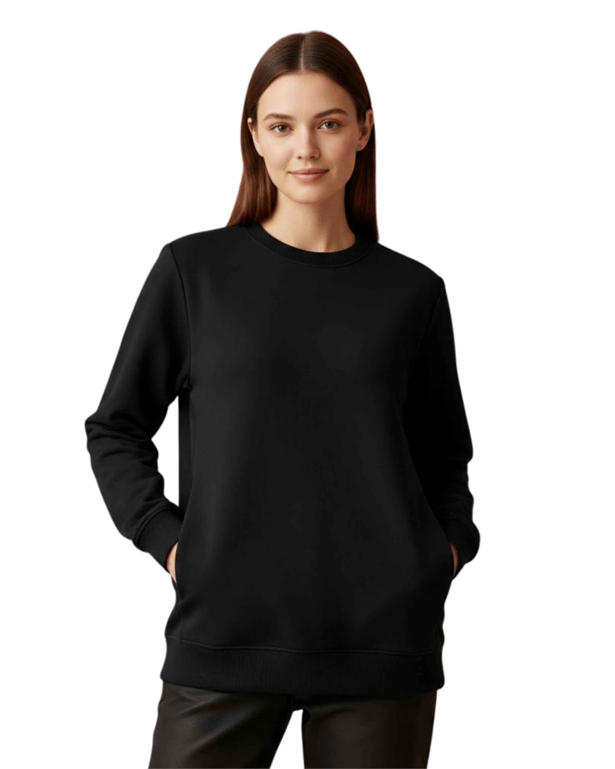 Women's Crew Neck Sweatshirt, Long Sleeve, Ribbed Cuffs and Hem (in, Alpha, S, Regular, Black)-image-6