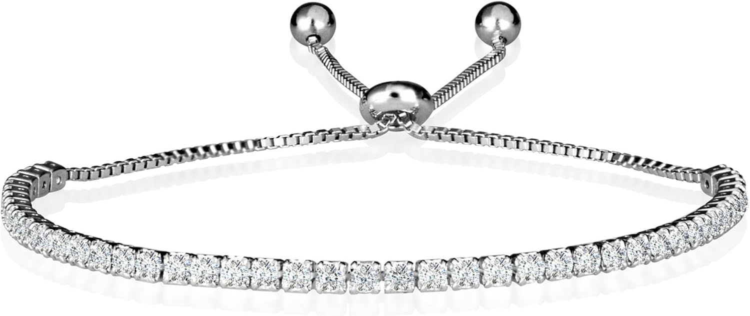 Fine Sterling Silver Adjustable CZ Studded Half Tennis Beaded Lariat Bracelet