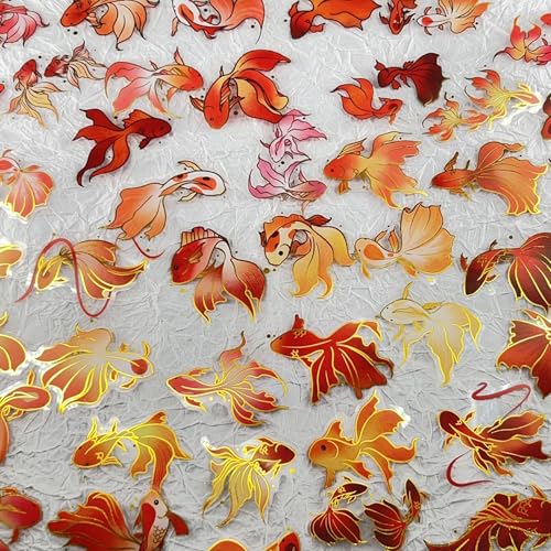 Image of 50PCS Gold Stamp Stickers Goldfish Aesthetic PET Travel Journal Decal Waterproof Decorative Decals for Scrapbook DIY Crafts Album Bullet Journal Planner Water Bottles Laptop Phone (Gold Stamp-A)