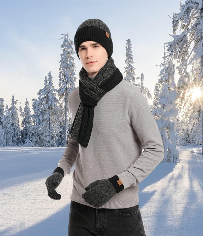 JTJFIT Winter Warm Knit Beanie Hat Long Neck Scarf Touchscreen Gloves Set with Knit Fleece Lined Skull Caps for Men - Image 5