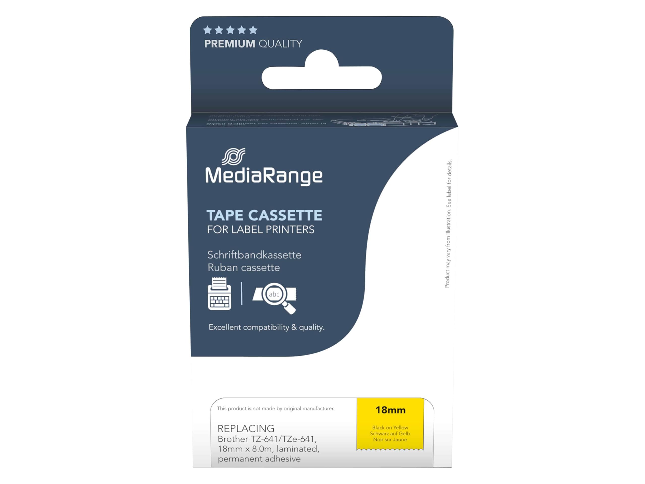 MediaRange Plastic Label Tape Cartridge for/Replaces Brother TZ-641 / TZe-641 Permanent Adhesive 18 mm 8 m Laminated Black on Yellow