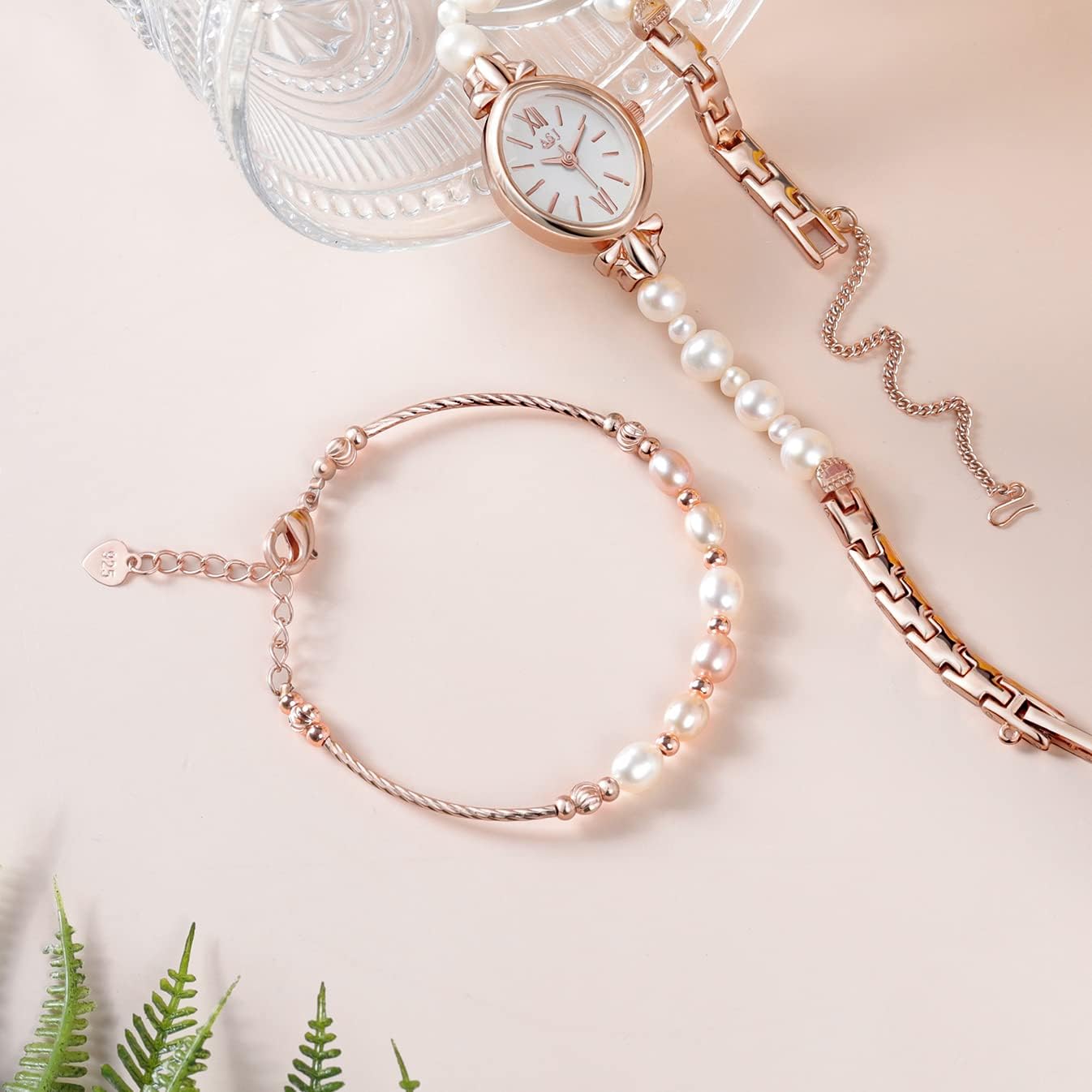 Clastyle Natural Pearls Watch and Bracelet Set for Women Rose Gold Ladies Dress Watch Set Mothers Day Gift Stylish Oval Dial Wrist Watches with Pearl Bracelet