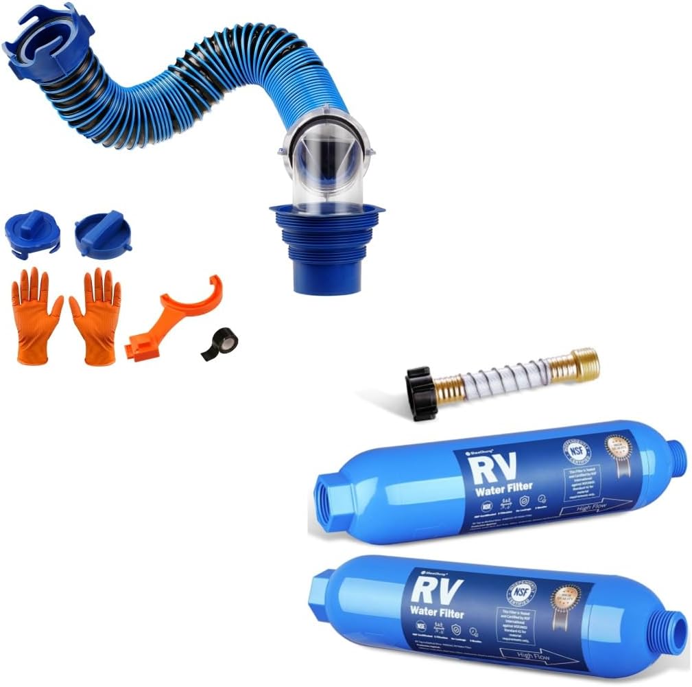 SheeChung 3FT RV Sewer Hose, Short Camper Sewer Hose for RV Dumping and RV Water Filter 2 Pack with Flexible Hose Protector, NSF Certified, Inline Hose Water Filter