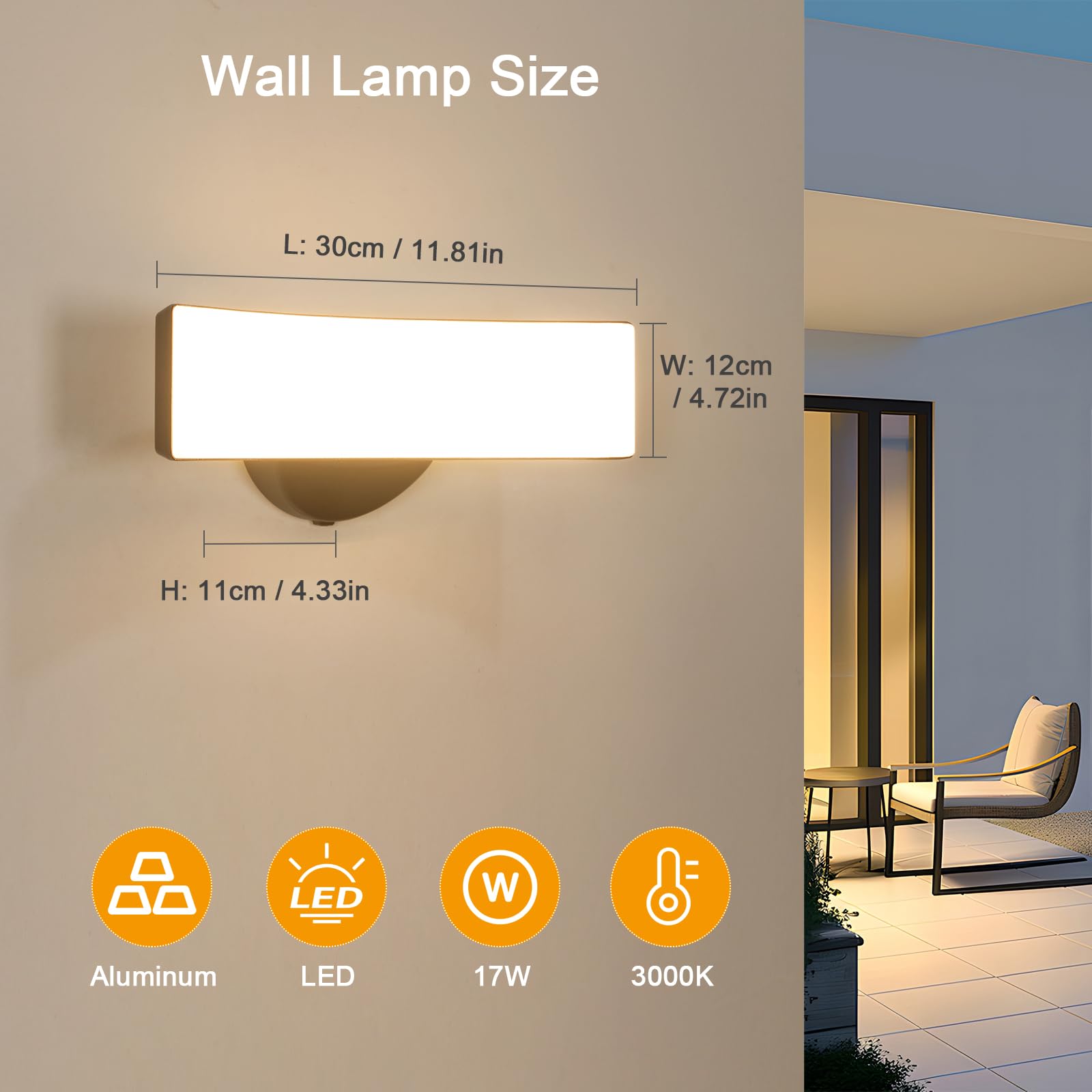 Comely lampada da parete esterna, nero, 17W, IP65, impermeabile, 3000 K, luce calda – moderna luce a LED per giardino, terrazza, ingresso, facciata, 30 x 12 x 11cm, 220V