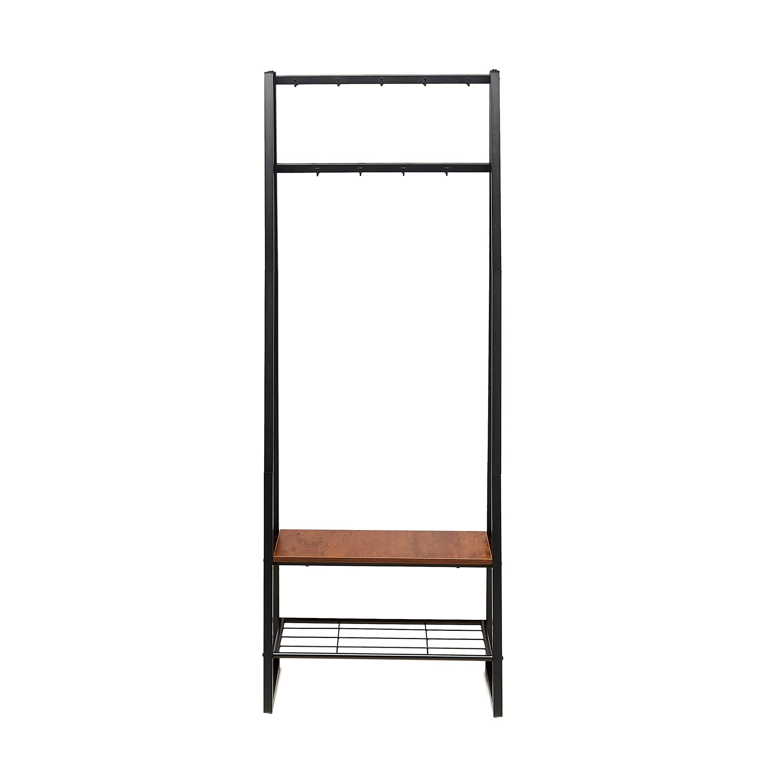 Amazon Basics Porte-manteau à 9 crochets avec banc à chaussures et rangement à 2 niveaux, Noir, 65 x 33 x 170.1 cm